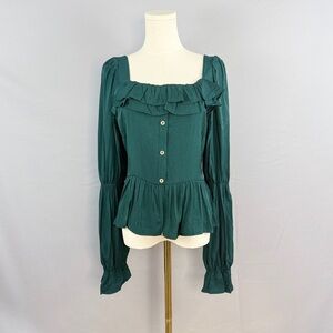 ANDREE BY UNIT Hunter Green Button-Up Blouse Square Neckline With Ruffle Detail